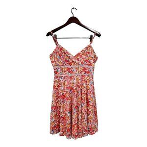 Jun & Ivy Women's Red Orange Floral Sundress Spaghetti Straps Lined V-Neck Sz M